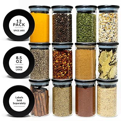 24 Spice Jars with 547 Labels - Glass Spice Jars with Shaker Lids - 4 Oz  Square Spice Containers with Acacia Wood Lids, Chalk Pen, Funnel- Churboro