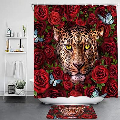 jieprom 4PCS Red Rose and Lion Shower Curtain Bathroom Set with Non-Slip  Rugs, Toilet Lid Cover and Bath Mat, Red Shower Curtain with 12 Hooks