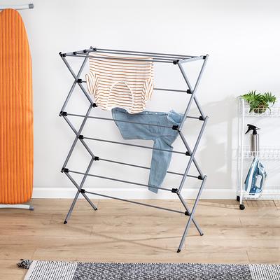 Bigzzia Clothes Drying Rack Folding Clothes Rail 4 Tier Clothes Horses Rack  Stainless Steel Laundry Garment Dryer Stand with Two Side Wings Grey