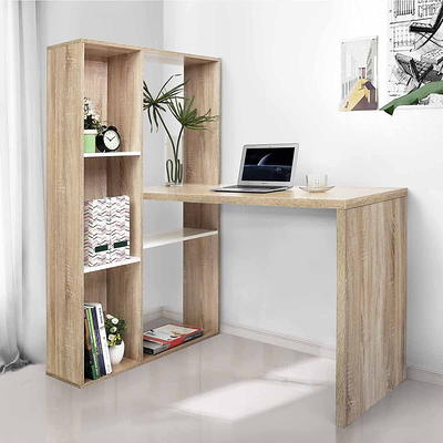 Mcombo Computer Desk Office Desk with 3-Tier Shelves, White Desk