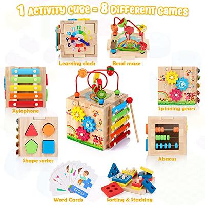 HELLOWOOD Wooden Baby Activity Cube, 8-in-1 Montessori Toys for 1+ Year Old  Girls & Boys, Learning Toys for Toddlers 1-3, 1st Birthday Gift | Bonus