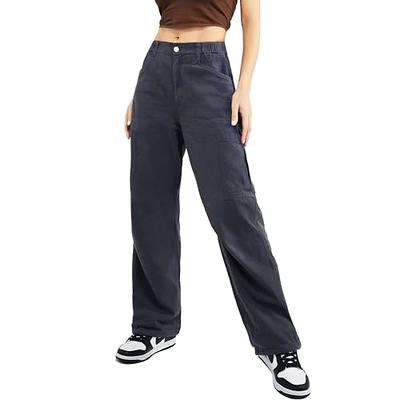 Stretch Cargo Pants for Women Solid Elastic Waist Denim Work Pants Multi  Pockets Comfy Streetwear Jogger Pants Loose Pants(XXL,Black) 