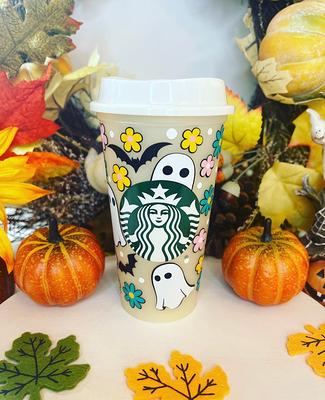 Ghost and Flowers Cup, Ghost Floral Cup, Halloween Cup with Lid