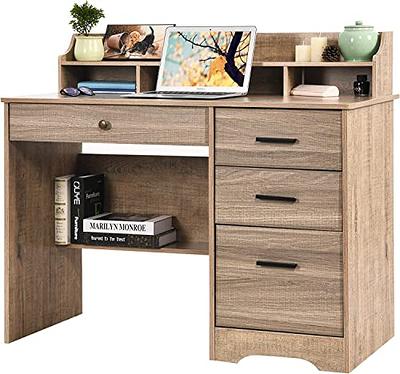 Home Office Computer Desk Hutches Big Storage Space Study Writing Table  with Storage Drawers and Bookshelf for Small Space Bedroom Study, Walnut