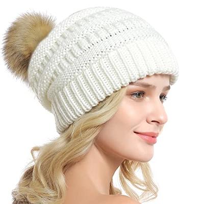 Knit Beanie Hat with Faux Fur Pom-Poms