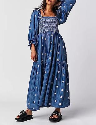 Full Printed Shirred Waist Dress Vacation V Neck Long Sleeve Maxi Dress  Women‘s Clothing