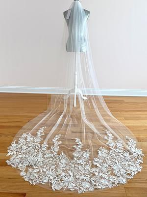 Flower Lace Veil With Pearls Cathedral Bridal Veil Floral Lace Long Veil  Custom Chapel Floral Veil Royal Veil Champagne Veil Tier White Veil