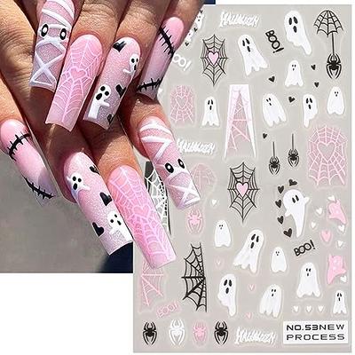 Halloween Nail Art Stickers Spooky Ghost Nail Decals 3D Self-Adhesive Pink  White Skull Nail Supplies Bloody Mouth Star Moon Design Nail Sticker for