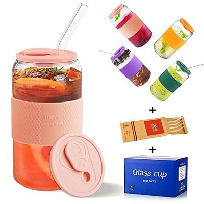 20 oz Glass Cups with Bamboo Lids and Glass Straw - 4pcs Set Beer Can Shaped Drinking Glasses, Iced Coffee Glasses, Cute Tumbler Cup for Smoothie