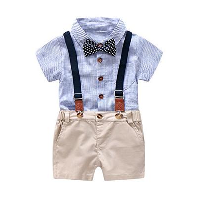 Casual Kids Boys Gentleman Clothes Plaid Print Short Sleeve Lapel Neck  Buttons Tops Shirt Short Pants 2pcs Set 