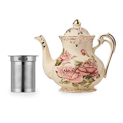 YOLIFE Pink Rose Ceramic Tea Pot, Ivory Vintage