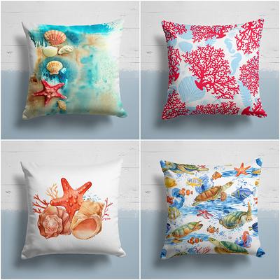 Beach House Pillow Case, Red Coral Orange Starfish Cushion, Sea Turtle & Fish  Pillowcase, Nautical Seashell Cushion