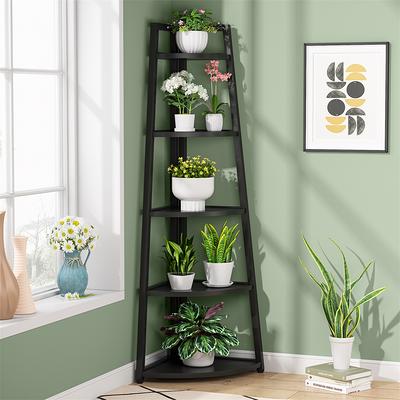 Brown Industrial 5 Tier Corner Shelf, Corner Storage Rack Indoor Plant Stand, Modern Corner Bookshelf and Bookcase - AllWhite