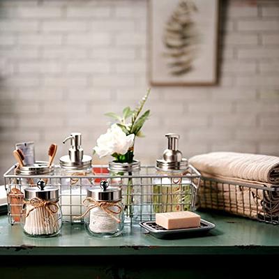 Farmhouse Rustic Decorative Mason Jars, Bathroom Vanity Storage Organizer  Canisters,Cute Glass Apothecary Jars with Stainless Steel Lid for Cotton