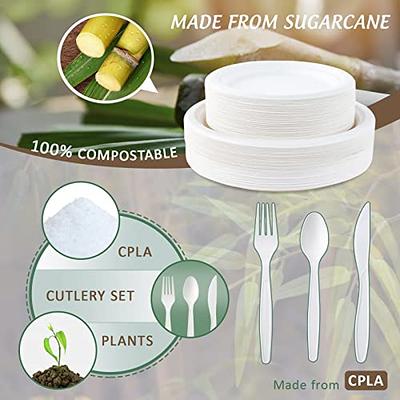 Heavy Duty Paper Plates Set for Dinner, Sugarcane Disposable Eco,9 Inch and  7 Inch Party Plates,Forks,Knives and Spoons Set for 50 People [250 PCS] 