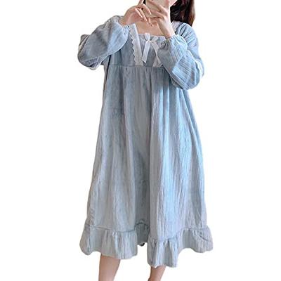 Homgro Women's Cute Long Sleeve Nightgown Soft Warm Fleece Knee Length  Pajama Lounge Dress Long Cozy Lace Square Neck Sleepwear Pj Ruffle Frilly  Hem Midi Sleeping Night Shirt 90 Blue Medium 