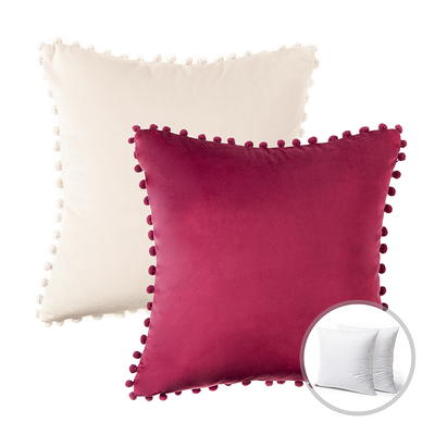 Phantoscope Silky Velvet Series Pom Pom Decorative Throw Pillow with Insert, 22 inch x 22 inch, Pink, 2 Pack