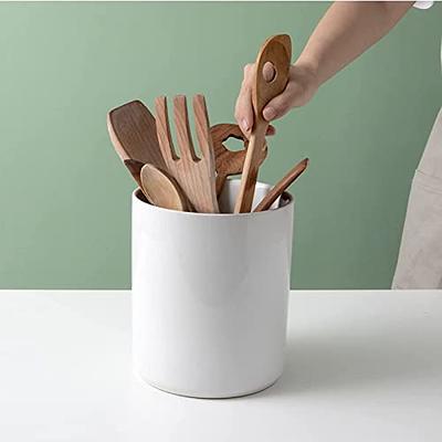 Ceramic Utensil Holder- Large Kitchen Utensil Holder with Bamboo Wooden  Base- Utensil Crock for Countertop- White Ceramic Cooking Utensil Organizer