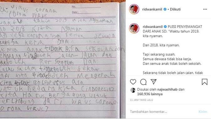 Ridwan Kamil Dapat Puisi  Penyemangat dari Anak SD Seperti 