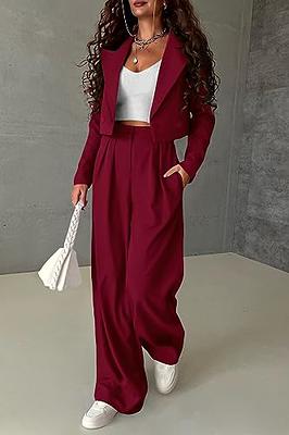 PRETTYGARDEN Women's 2 Piece Casual Outfits Cropped Blazer Jackets High  Waisted Wide Leg Work Pants Suit Set (Wine Red,Medium) - Yahoo Shopping