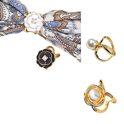 Women's Elegant Pearl Floral Scarf Ring Clip Large Camellia Buckle Fashion  Metal