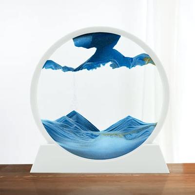 Moving Sand Art Pictures LED Sand Art Lamp, 3D Deep Sea Sandscape Round  Glass Flowing Sand Painting Relaxing Desktop Decorations[Blue] 