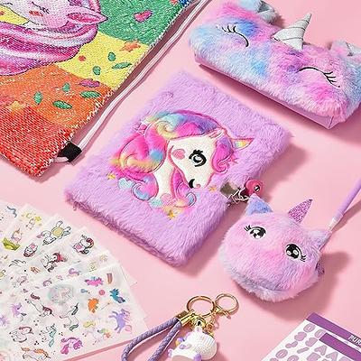 FUNCREVITY Unicorn Gifts for Girls Unicorn Toys 6 7 8 9 10 Year Old Unicorn  Travel Pillow Stuffed Animal Plush Lock Diary Eye Mask Socks Make up Bag