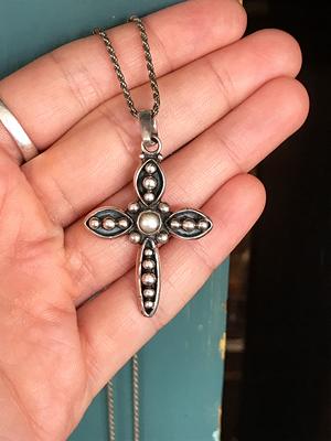 Unique Vintage Sterling Cross Pendant Necklace With Rounded Arms