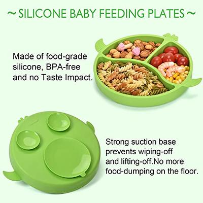 Baby Feeding Set, Toddler Silicone Feeding Set, Baby Dish with Suction,  Adjustable and Waterproof bib, Soft Spoon and Fork, Divided Tableware Set.