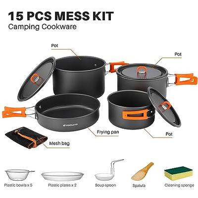Odoland 29pcs Camping Cookware Mess Kit Non-Stick Lightweight Pots Pan Kettle Collapsible Water Container and Bucket Stainless Steel Cups Plates Fork