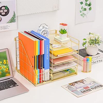 Marbrasse Desk Organizer with File Holder, 5-Tier Paper Letter Tray  Organizer with Drawer and 2 Pen Holder, Mesh Desk Organizers and  Accessories