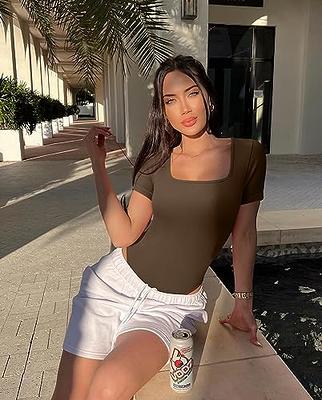 TOB Women's 2 Piece Bodysuits Sexy Ribbed Shorts Sleeve Square Neck One  Piece Tops Bodysuits Balck Coffee - Yahoo Shopping
