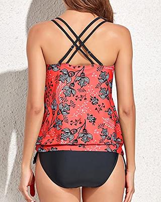 Holipick Two Piece Red Floral Tankini Swimsuits for Women Tummy