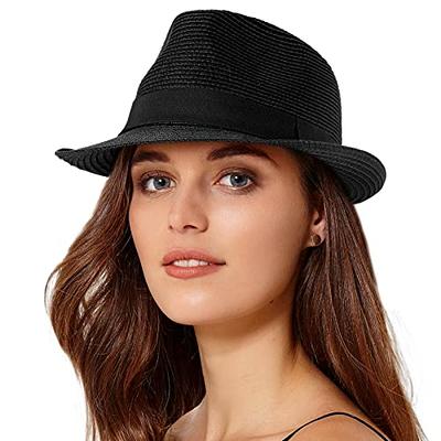 Womens Short Brim Straw Sun Hat Fedora Trilby Hat Panama Men Roll