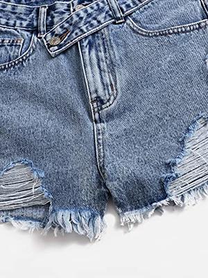 SweatyRocks Women's High Waist Straight Leg Denim Shorts Solid