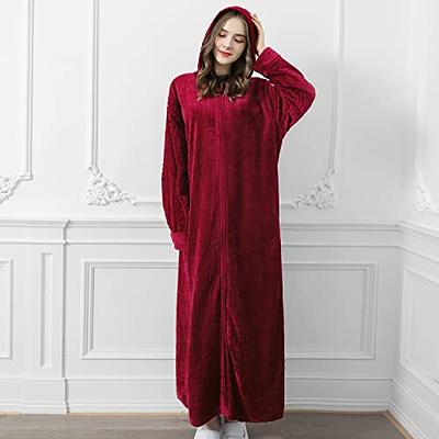 Women's Zip Up Plush Fleece Robe Hooded Warm Long Bathrobe