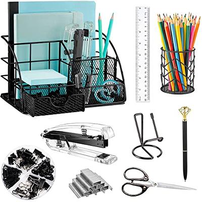 Office Supplies Set Desk Accessory Kit, Acrylic Stapler Set Staple Remover,  Tape Dispenser, Binder Clips, Paper Clips, Ballpoint Pen and Scissor with