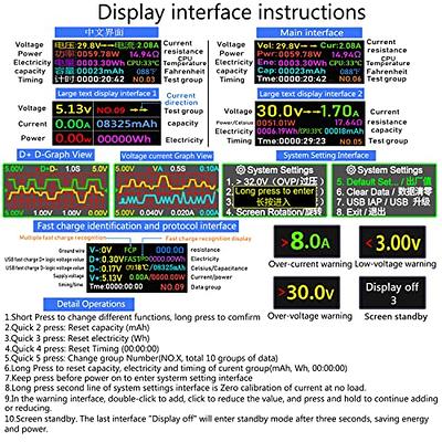 USB C Tester, 2 in 1 Type C USB Tester Color Screen IPS Digital  Multimeter,Voltage,Current,Power,Resistance,Temperature,Capacity  Detector,with Clip