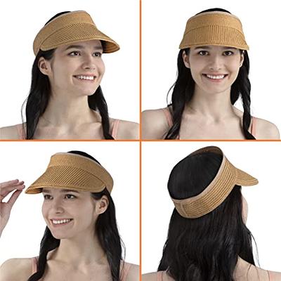 Womens Beach Straw Sun Hats Ponytail Hole Wide Brim Summer Visor Foldable  Hat Sun Protection Packable for Travel Pool