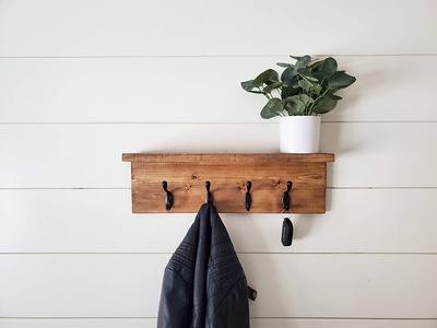 Coat Rack Wall Mount, Coat Hook With Shelf, Oak Floating Entryway