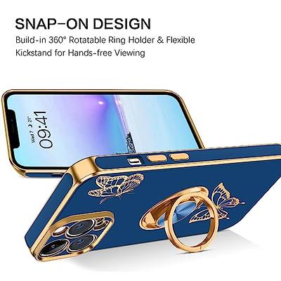 for iPhone 14 Designer Case,Luxury Elegant Phone Case with Kickstand Ring  Stand for Women Girls Soft TPU Metal Edges Shockproof Protective Cover Black