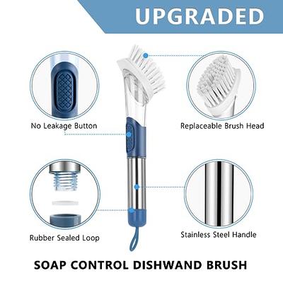 Dish Scrub Brush with Long Handle and Soap Dispenser for Kitchen Sink,  Changeable Heads with Plastic Pot Scrubber, Comfortable Handle, Refillable,  Gray 