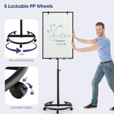 DexBoard Dry Erase Easel 40 x 28 inch, Rolling Round Stand Mobile Whiteboard w/Flipchart Pad, Magnets & Eraser, Sliver