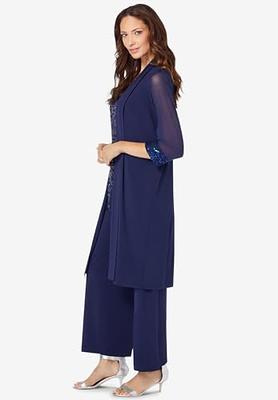 Roaman's Women's Plus Size Three-Piece Lace Duster & Pant Suit