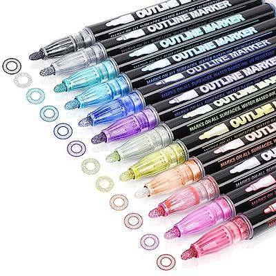 Gondiane Double Line Outline Pens, 12 Colors Outline Markers Outline Metallic Markers Pen for Highlight, Art, Drawing, Greeti