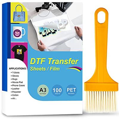DTF Transfer Film with Brush - 100 Sheets A3/11.7 x 13.6 Premium PET Heat  Direct to Film Transfer Paper for Sublimation Printer, Cold & Hot Peel DTF