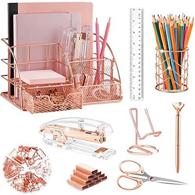 Rose Gold Desk Organizer for Women, Mesh Office Supplies Desk Accessories,  Features 5 Compartments + 1 Mini Sliding Drawer 