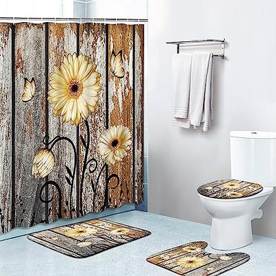 4 Pcs Shower Curtain Set with Toilet Lid Cover Mat Non-Slip Rug Bath Mat and Waterproof Shower Curtains with Hooks American Sports Football Bathroom