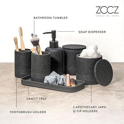 Dracelo 4-Piece Bathroom Accessory Set with Toothbrush Holder, Soap Dispenser, Cotton Jar, Tray in Black