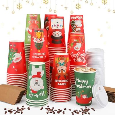 Fit Meal Prep 50 Pack 8 oz Christmas Disposable Coffee Cups with White Lids, Durable Thickened Christmas Paper Cups for Hot Beverage Chocolate Tea